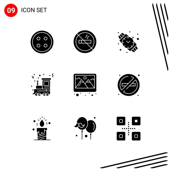 Pack Glifos Sólidos Creativos Imagen Marco Reloj Manual Tren Festival — Vector de stock