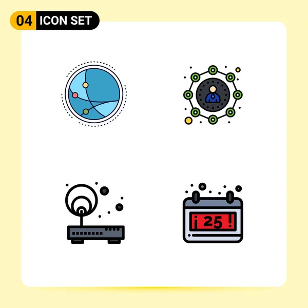 Filledlineフラットカラーパック世界中の4つのユニバーサルシンボル アクセス インターネット アフィリエイトマーケティング ネットワーク編集可能なベクトルデザイン要素の4つのユニバーサルシンボル — ストックベクタ