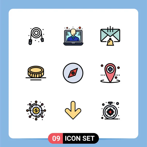 ウェブサイトのための9ファイルラインフラットカラーコンセプトモバイルとアプリの地図 コイン ヘルプ編集可能なベクトルデザイン要素 — ストックベクタ