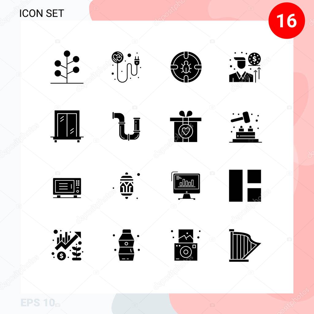 Editable Vector Line Pack of 16 Simple Solid Glyphs of window, investor, bug, investment, security Editable Vector Design Elements