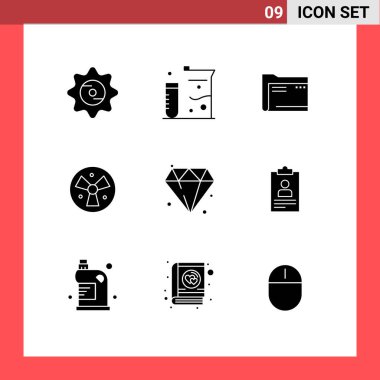 9 Tematik Vektör Katı Semboller ve Tıbbi, Radyasyon, dizin, depolama, Boş Düzenlenebilir Vektör Tasarım Elemanları