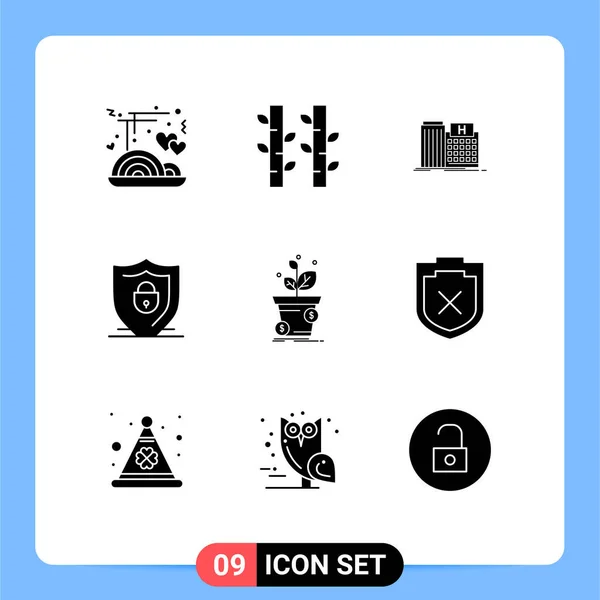 Solid Glyph Pack Univerzális Szimbólum Dollár Zár Kórház Pajzs Klinika — Stock Vector