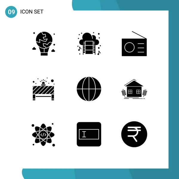 Mobile Interface Solid Gyph Set Pictograms Earth Stop Music Notice — Vector de stock
