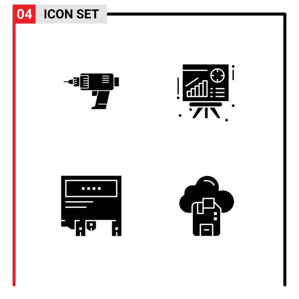 Gruppo Moderni Glifi Solidi Set Trapano Annuncio Cordless Grafico Commercializzazione — Vettoriale Stock