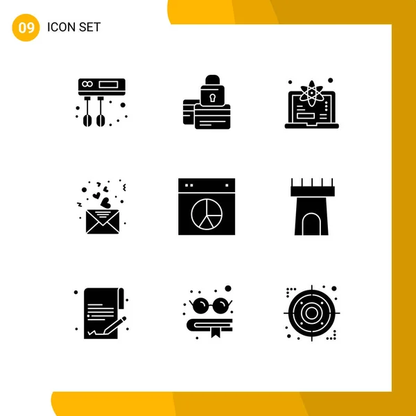 Mobile Interface Solid Glyph Set Pictograms Chart Love Security Heart — Stock Vector