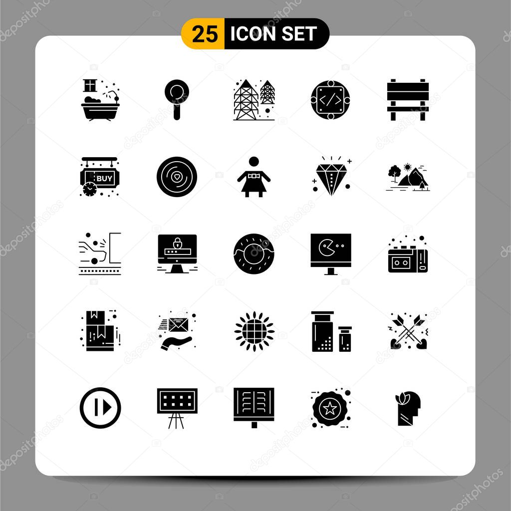 25 Universal Solid Glyphs Set for Web and Mobile Applications interior, chair, supply, bench, management Editable Vector Design Elements