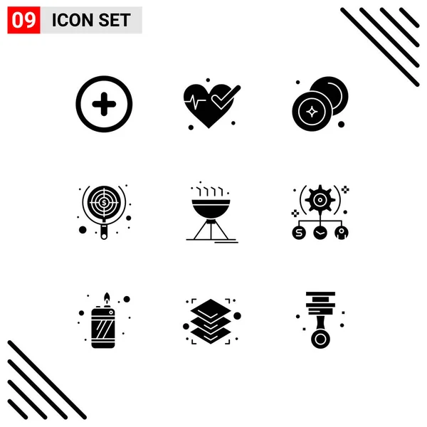 9テーマベクトルソリッドグリフとキャンプ コイン フォーカス Seo編集可能なベクトルデザイン要素の編集可能なシンボル — ストックベクタ