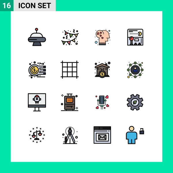 Mobile Interface Flat Color Filled Line Set Pictogramas Gráfico Moeda — Vetor de Stock