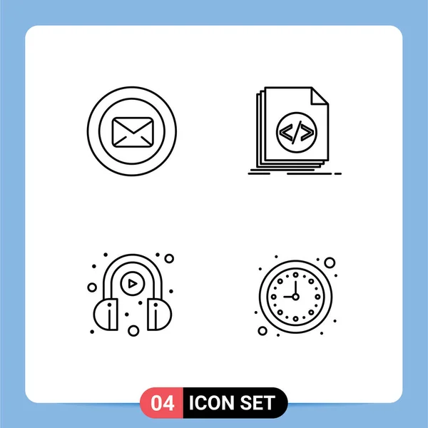 Webおよびモバイルアプリケーション用に設定された4つのユニバーサルファイルラインフラットカラーチャット スクリプト テキストメッセージ コーディング ヘッドフォン編集可能なベクトルデザイン要素 — ストックベクタ