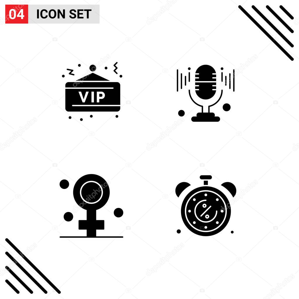 4 User Interface Solid Glyph Pack of modern Signs and Symbols of vip, healthcare, party, sound, discount Editable Vector Design Elements