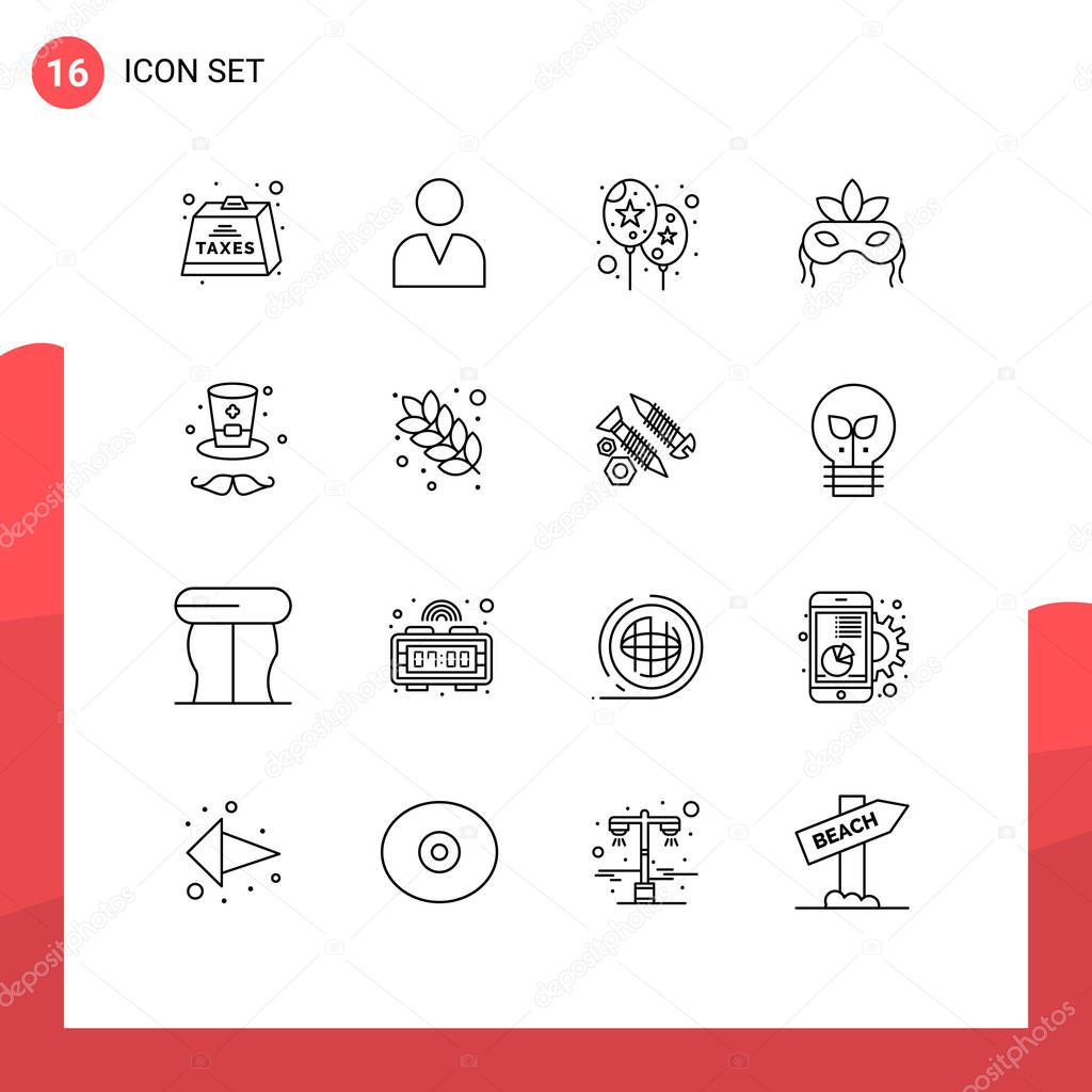16 User Interface Outline Pack of modern Signs and Symbols of ireland, hat, balloon, mardigras, costume Editable Vector Design Elements