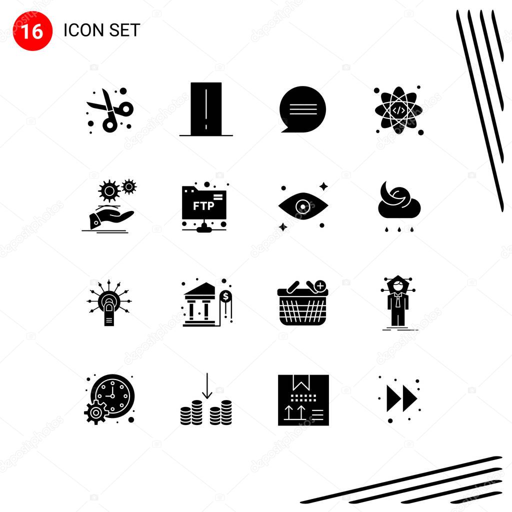 Group of 16 Solid Glyphs Signs and Symbols for hand, coding, gadget, atom, messages Editable Vector Design Elements