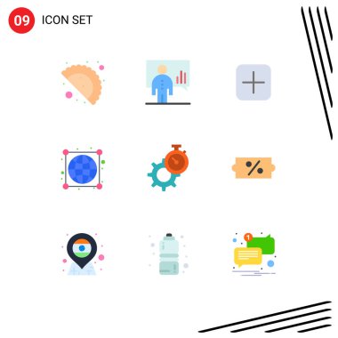 Web Yazdırma Ortamı için 9 Modern Düz Renk İşareti ve Sembolü Paketi: zaman, bağlantılar, instagram, dünya çapında, Dünya Düzenlenebilir Vektör Tasarım Elemanları