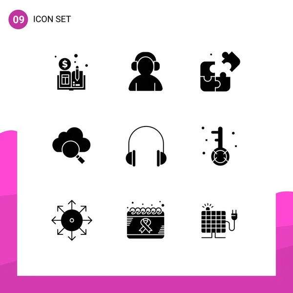 Mobile Interface Solid Gyph Set Pictograms Sound Headset Puzzle Headphones — Vector de stock