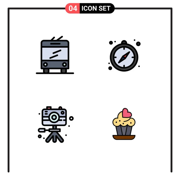 4ユーザーインターフェイスファイルラインフラットカラーバス キャンプ ビデオ ケーキの現代的な記号とシンボルのパック編集可能なベクトルデザイン要素 — ストックベクタ