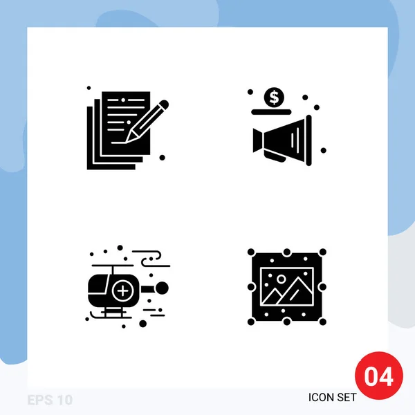 Solid Glyph Pack Universal Symbols Poetry Helicopter Write Promote Creative — Stock Vector