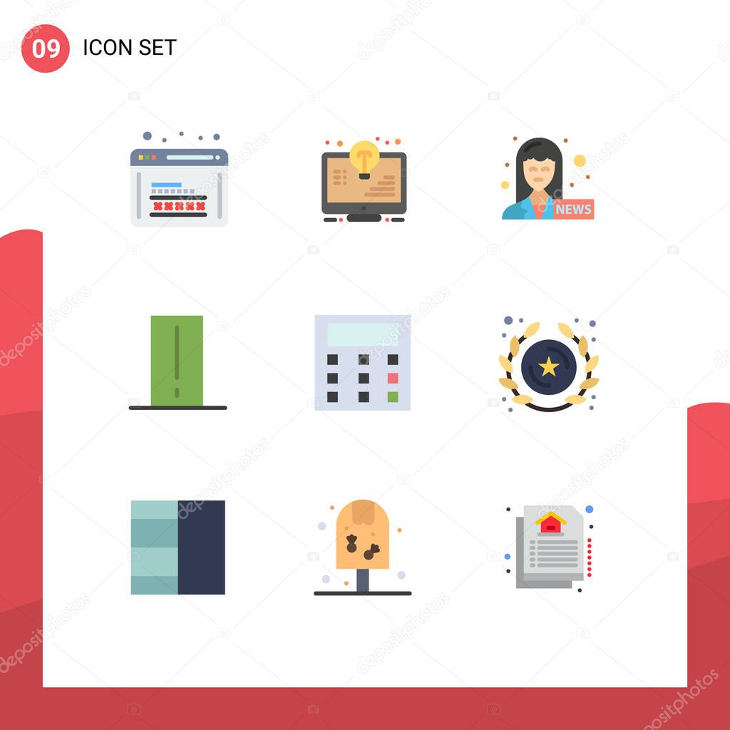 Pack of 9 Modern Flat Colors Signs and Symbols for Web Print Media such as light mete, electronics, light bulb, device, news anchor Editable Vector Design Elements