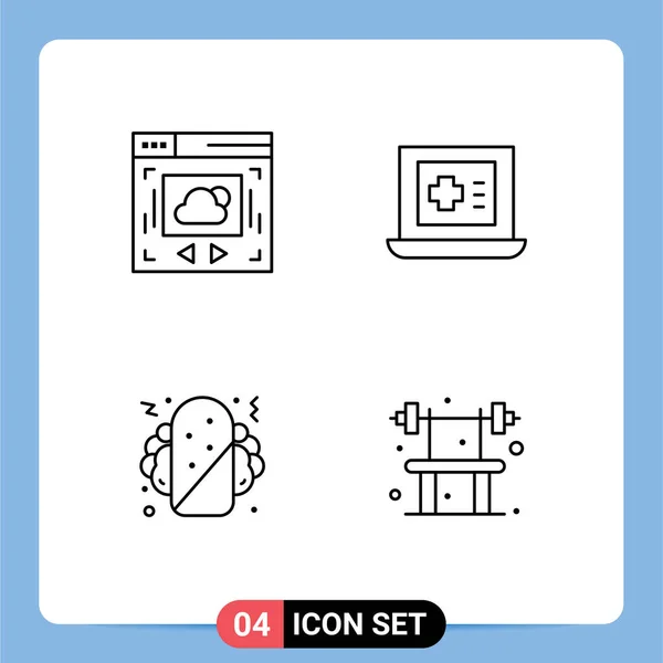 Webおよびモバイルアプリケーション用に設定された4つのユニバーサルファイルラインフラットカラーWebページ ベンチ ラップトップ ブリトー フィットネス編集可能なベクトルデザイン要素 — ストックベクタ