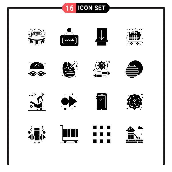 Modern Set Solid Glyphs Pictograph Goggles Cart Close Buy Gifts — Stock Vector