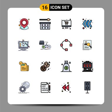 16 Modern Düz Renkli Satır Grubu Mühendislik, klavye, göz farı, ok, dükkan Düzenleyici Yaratıcı Vektör Tasarım Elemanları için Ayarlandı