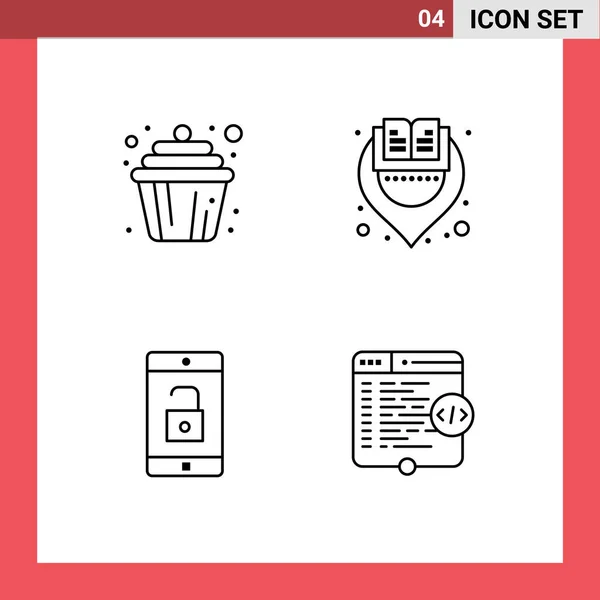 Webおよびモバイルアプリケーション用に設定された4つのユニバーサルファイルラインフラットカラーカップケーキ モバイル マフィン ロックを解除編集可能なベクトルデザイン要素 — ストックベクタ