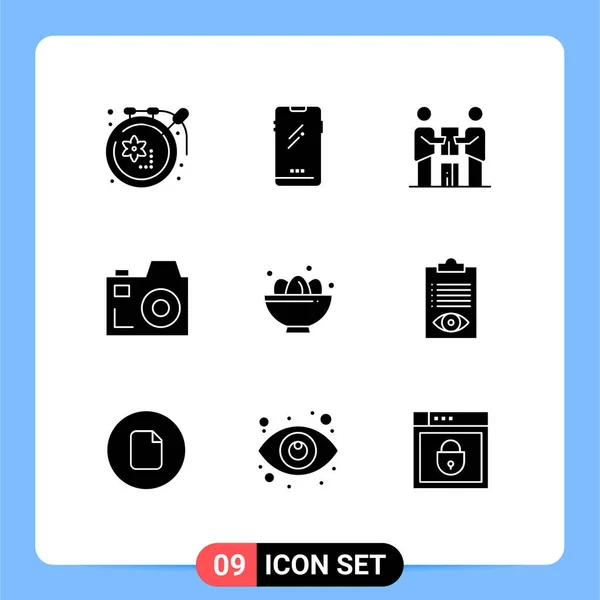 Mobile Interface Solid Glyph Set Pictograms Bowl Communication Iphone Camera — Stockový vektor