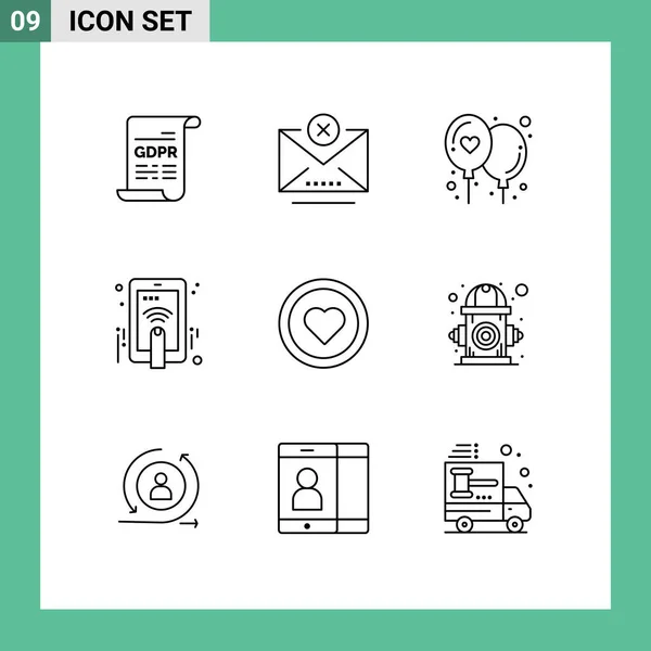 Pictogram Set Simple Outlines Love Interface Affection Gesture Hand Touch — Stock Vector