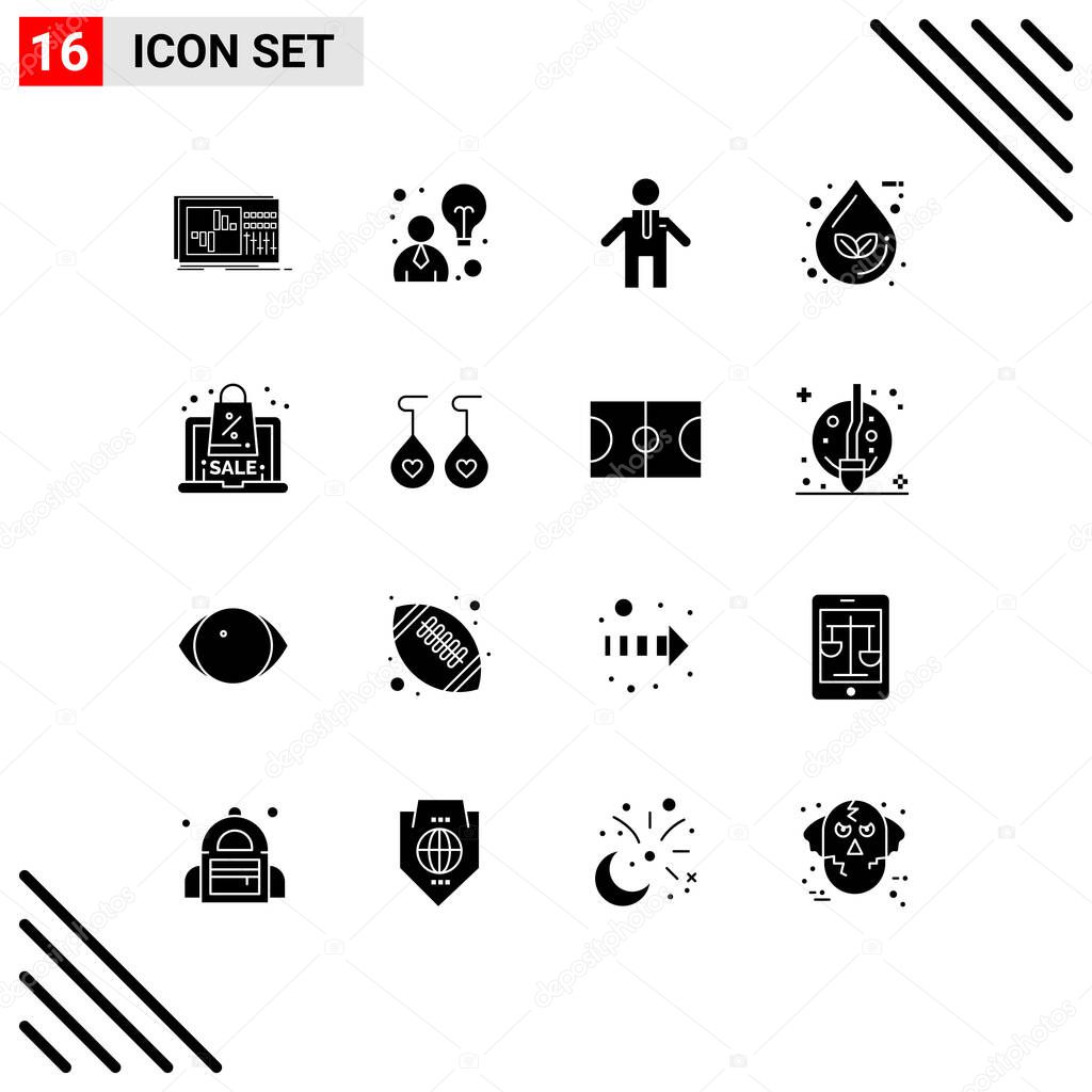 Pack of 16 Modern Solid Glyphs Signs and Symbols for Web Print Media such as offer, discount, man, water, eco Editable Vector Design Elements