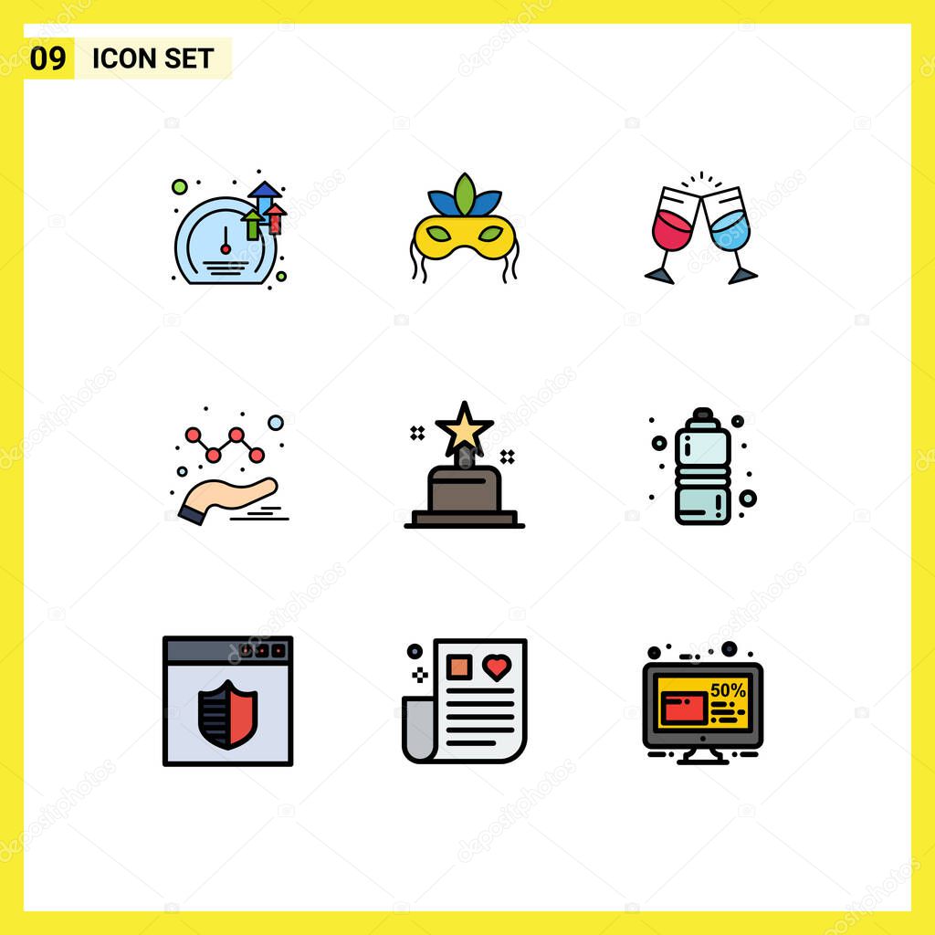 Set of 9 Modern UI Icons Symbols Signs for cinema, graph, drink, data, couple Editable Vector Design Elements