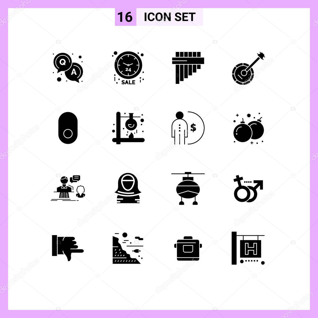 Mobile Interface Solid Glyph Set of 16 Pictograms of wireless, apple, instrument, sound, instrument Editable Vector Design Elements