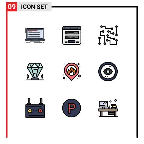 Mobile Interface Filledline Flat Color Zestaw Piktogramów Klejnotów Diamentów Mapy — Wektor stockowy