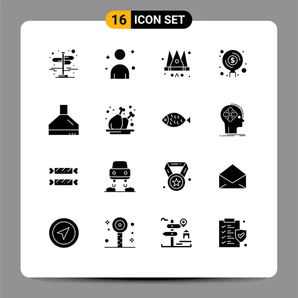 Modern Set Solid Glyphs Pictograph Fan Money Emperor Investment Find — Vector de stock