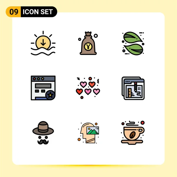9個のモダンなUiアイコンのセットバレンタイン ハート ウェブサイト ブックマークのための記号編集可能なベクトルデザイン要素 — ストックベクタ