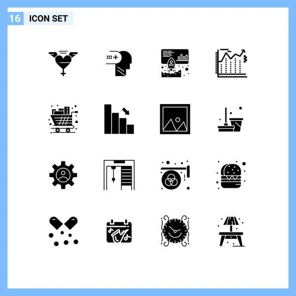 Set Commercial Solid Glyphs Pack Groceries Cart Launch Economics Banking — Archivo Imágenes Vectoriales