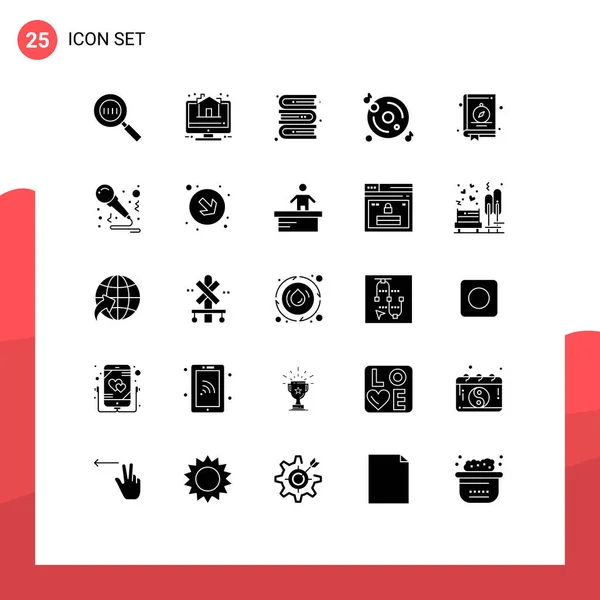 Mobile Interface Solid Gyph Set Pictograms Location Compass Books Multimedia — Vector de stock