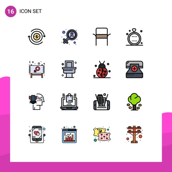 Modern Set of 16 Flat Color Filled Lines Pictograph of ad, ring, chair, holiday, celebration Editable Creative Vector Design Elements — Stock Illustration Modern Set Flat Color Filled Lines Pictograph Ring Chair Holiday Stock Illustration