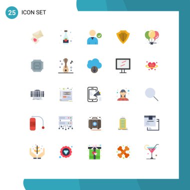 Kutlama, balon, kontrol, koruma, düzenlenebilir vektör tasarım elementleri için şebekede 25 Vektör Düz Rengi kümesi