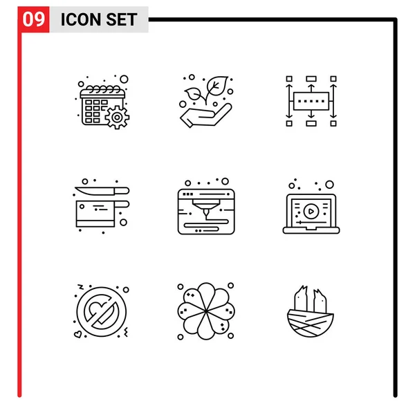 现代化的9个外设和符号集 如Web Knife Workflow Planning Utensil Cooking Editor Able Vector — 图库矢量图片