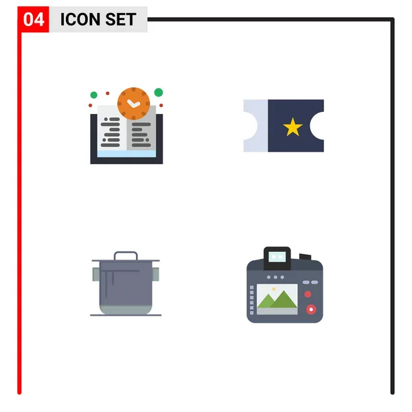 Group Modern Flat Icons Set Book Time Camera Movie Kitchen — Image vectorielle