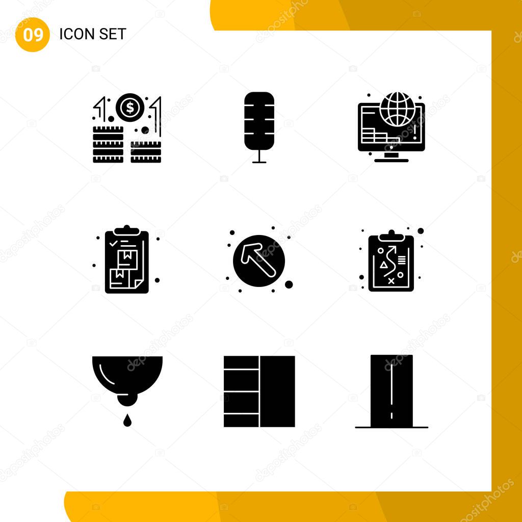 Solid Glyph Pack of 9 Universal Symbols of direction, package, online, list, clipboard Editable Vector Design Elements