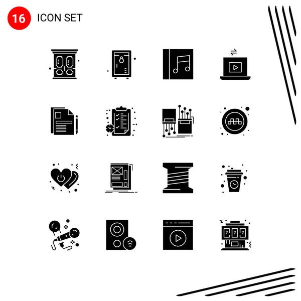 Modern Set Solid Glyphs Pictograph Document Contract Album Play Vídeo — Vetor de Stock