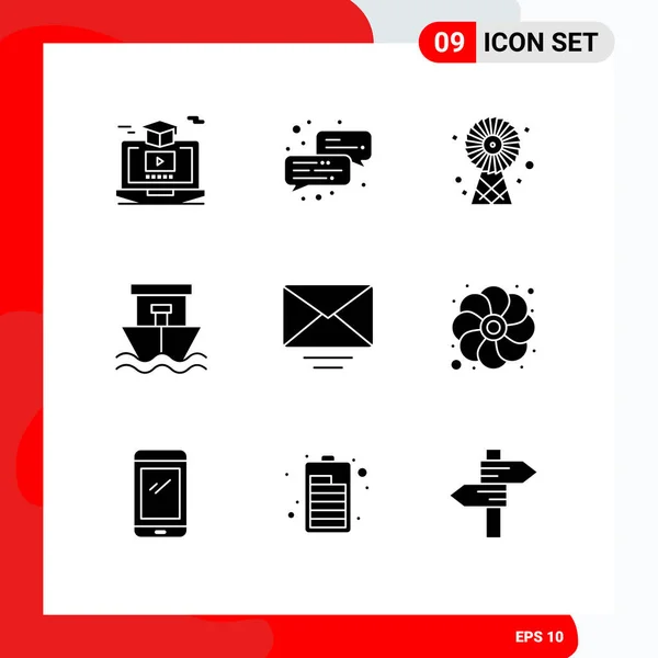 Mobile Interface Solid Glyph Set Pictograms Mail Summer Buildings Boat — Stock Vector