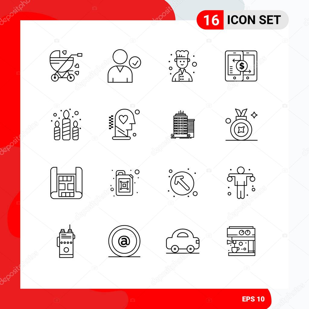 Outline Pack of 16 Universal Symbols of light, candle, chef, smartphone, payments Editable Vector Design Elements