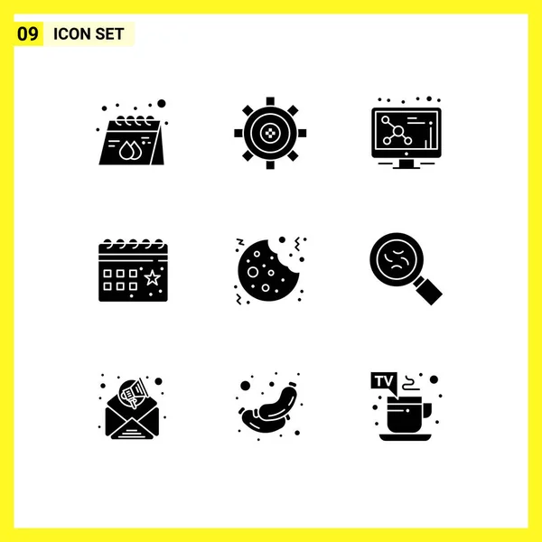 Universal Solid Glyphs Set Web Mobile Applications Night Date Gear — Stock Vector
