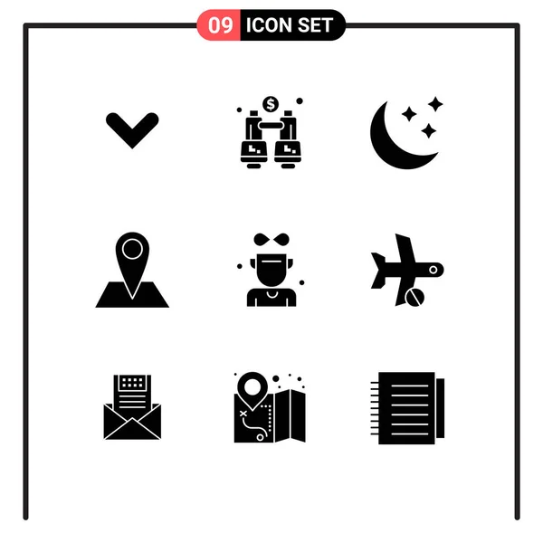 Modern Set Solid Glyphs Symbols Cup Pin Moon Map Contact — Stock Vector