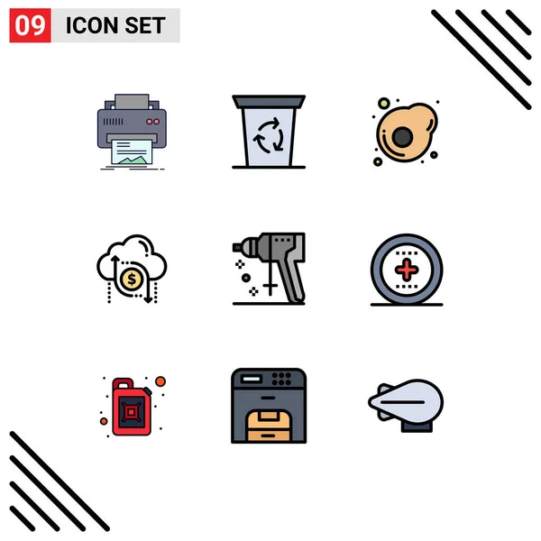 Mobile Interface Filledline Flat Color Set Pictograms Perforator Money Breakfast — Vector de stock