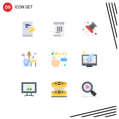 9 Kullanıcı Arayüzü Modern İşaretler ve Geri bildirim Sembolleri Düz Renk Paketi, müşteri memnuniyeti, boya, şarkı, gitar Düzenleme Vector Design Elements