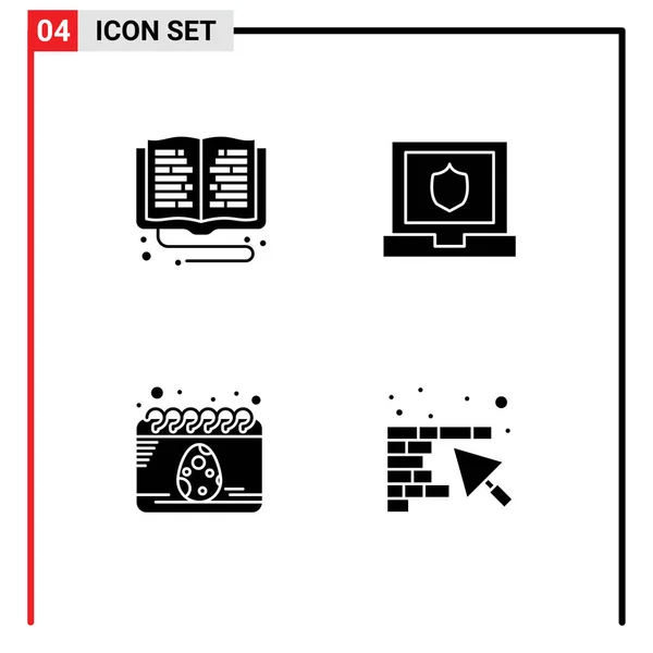 4つの現代的なソリッドグリフのグループ教育 オンライン学習 セキュリティ 卵編集可能なベクトルデザイン要素の設定 — ストックベクタ