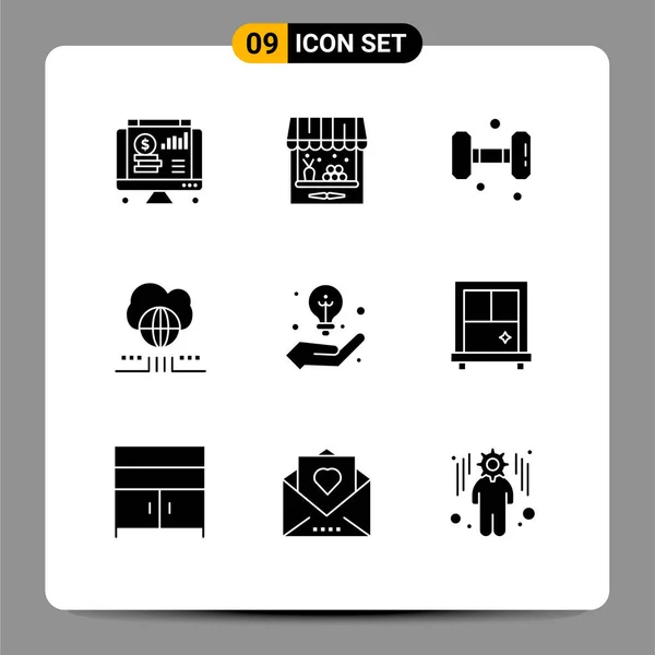 Mobile Interface Solid Glyph Set Pictograms Idea Cloud Fitness Network — Stockový vektor