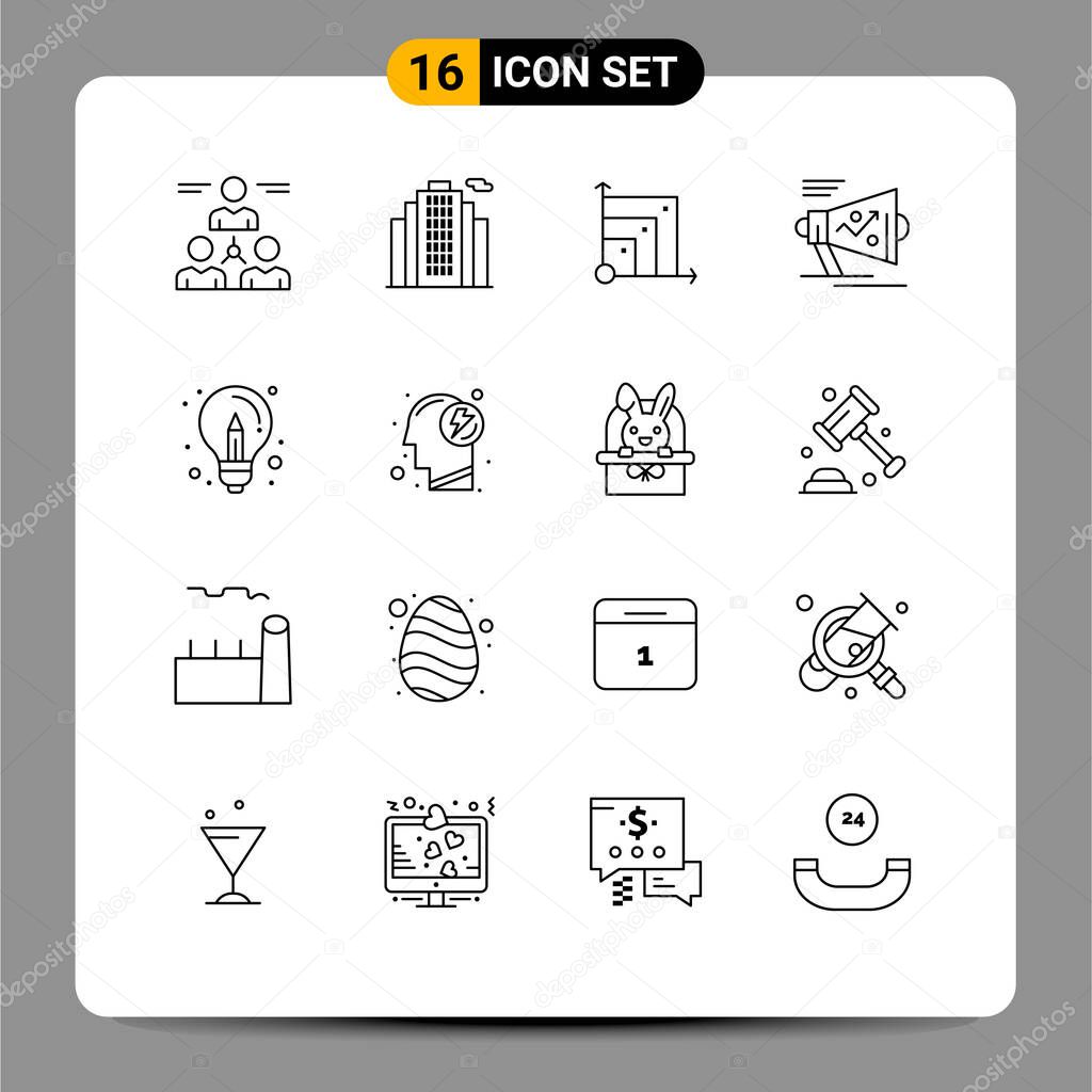 Pack of 16 creative Outlines of bulb, strategy, scalabel, loudspeaker, marketing Editable Vector Design Elements